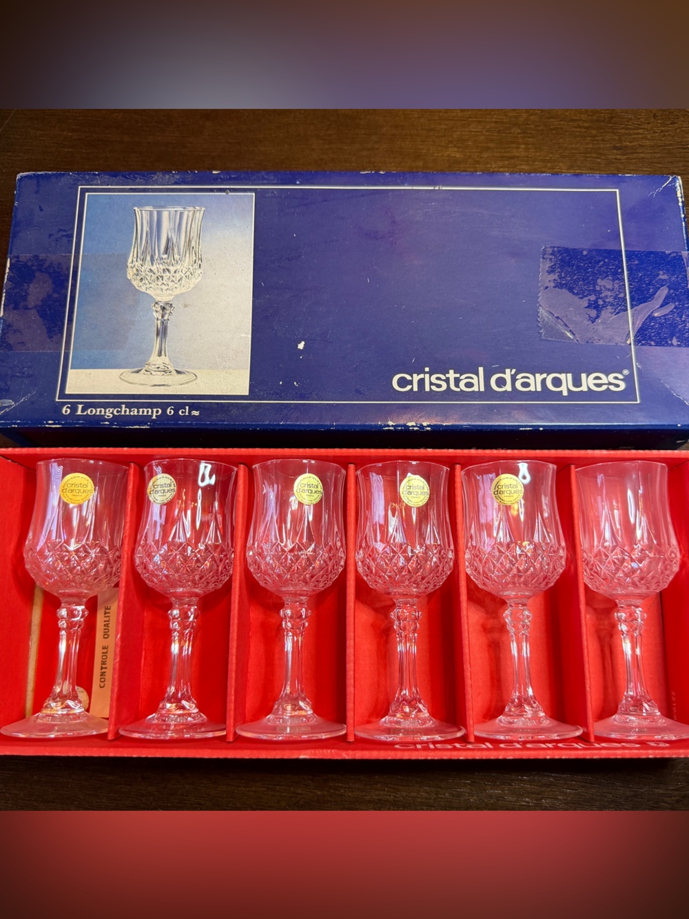 Vintage Cristal d'Arques Longchamp Crystal Cordial Glasses Set of 6 France Box